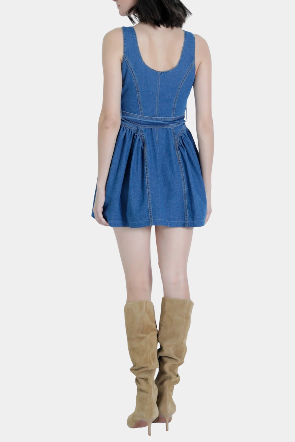 denim mini dress with gold buttons