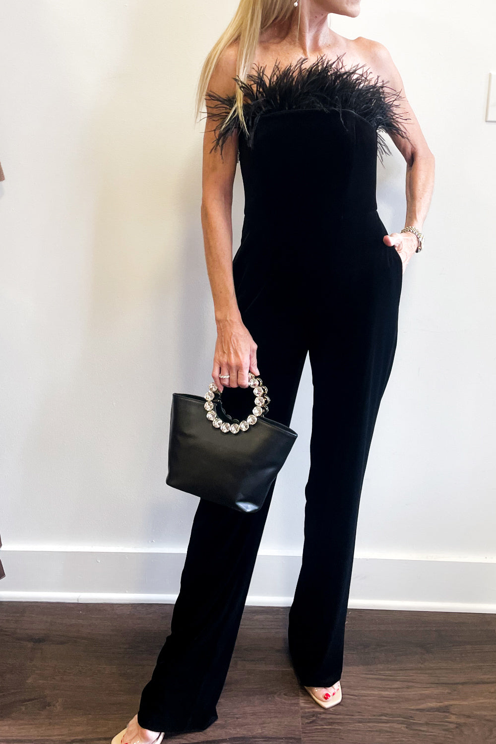 Velvet Feather Trim Jumpsuit